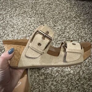 Very G Tan Buckle Wedge Sandals